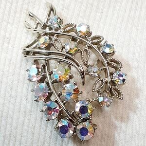 Unsigned Coro Brooch Aurora Borealis Rhinestones On Open Silver Tone Metal